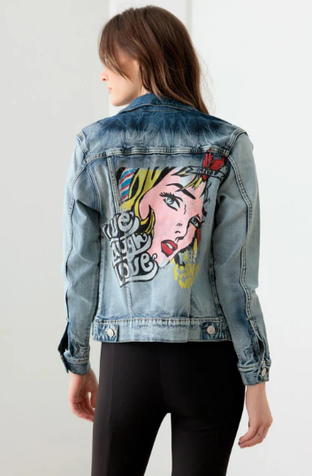 Face Graffiti Print Acid Wash Denim Jacket - Ballimart
