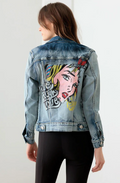 Face Graffiti Print Acid Wash Denim Jacket - Ballimart