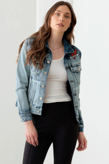 Face Graffiti Print Acid Wash Denim Jacket - Ballimart