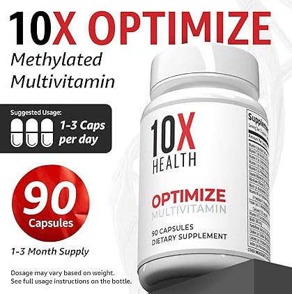 10X Health Optimize Methylated Multivitamin - 90 Capsules, 34 in 1 Formula with 800 mcg of Vitamin B12 - Methylated Multivitamin for Men & Women with 5-MTHF, NAC, Methyl B Complex - MTHFR Supplement