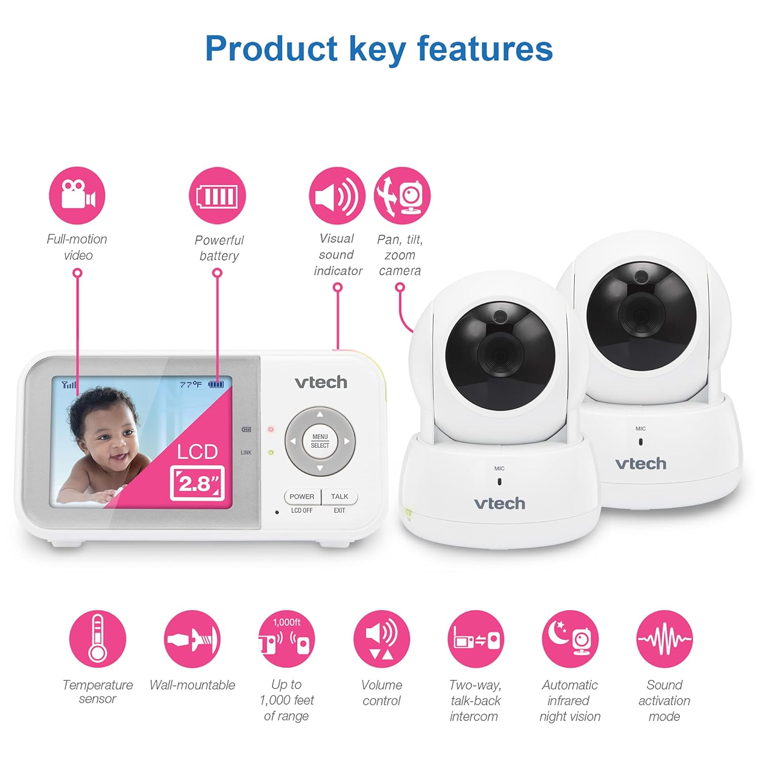 VTech VM923-2 Baby Monitor with 2.8” Screen, Pan-Tilt-Zoom, and Night Vision