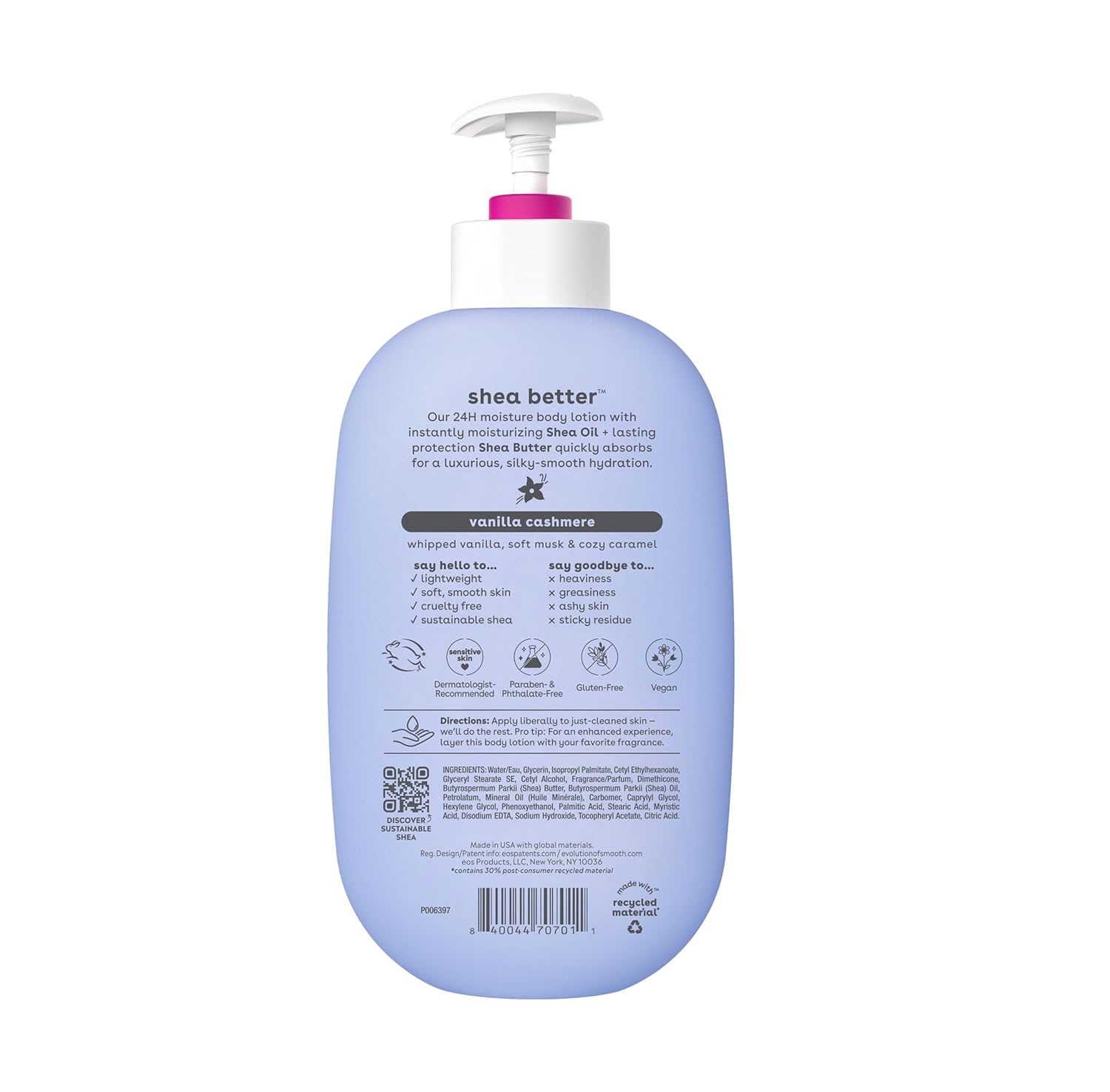 eos Shea Better Body Lotion - Vanilla Cashmere, 24-Hour Moisture, Lightweight, Non-Greasy, Vegan & Cruelty-Free, 16 fl oz