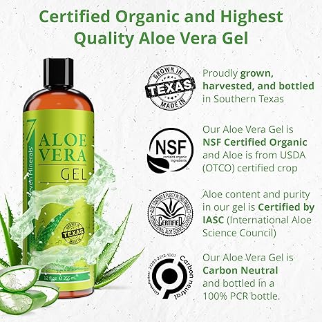 Seven Minerals Organic Aloe Vera Gel – 100% Pure, Freshly Cut, 12 oz