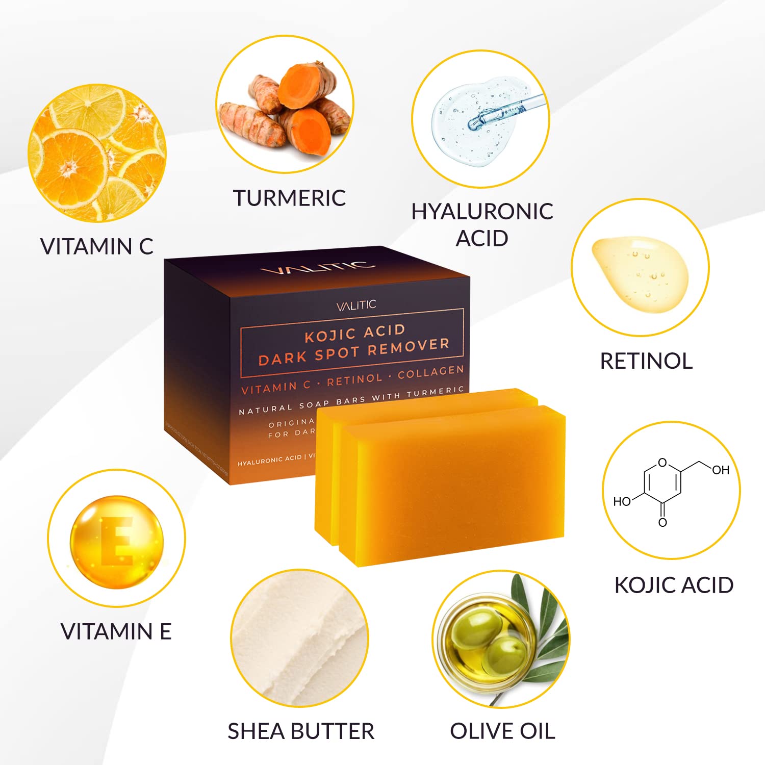 VALITIC Kojic Acid Dark Spot Remover Soap – Vitamin C, Retinol, Collagen & Turmeric for Face, Body & Sensitive Areas (2 Pack)