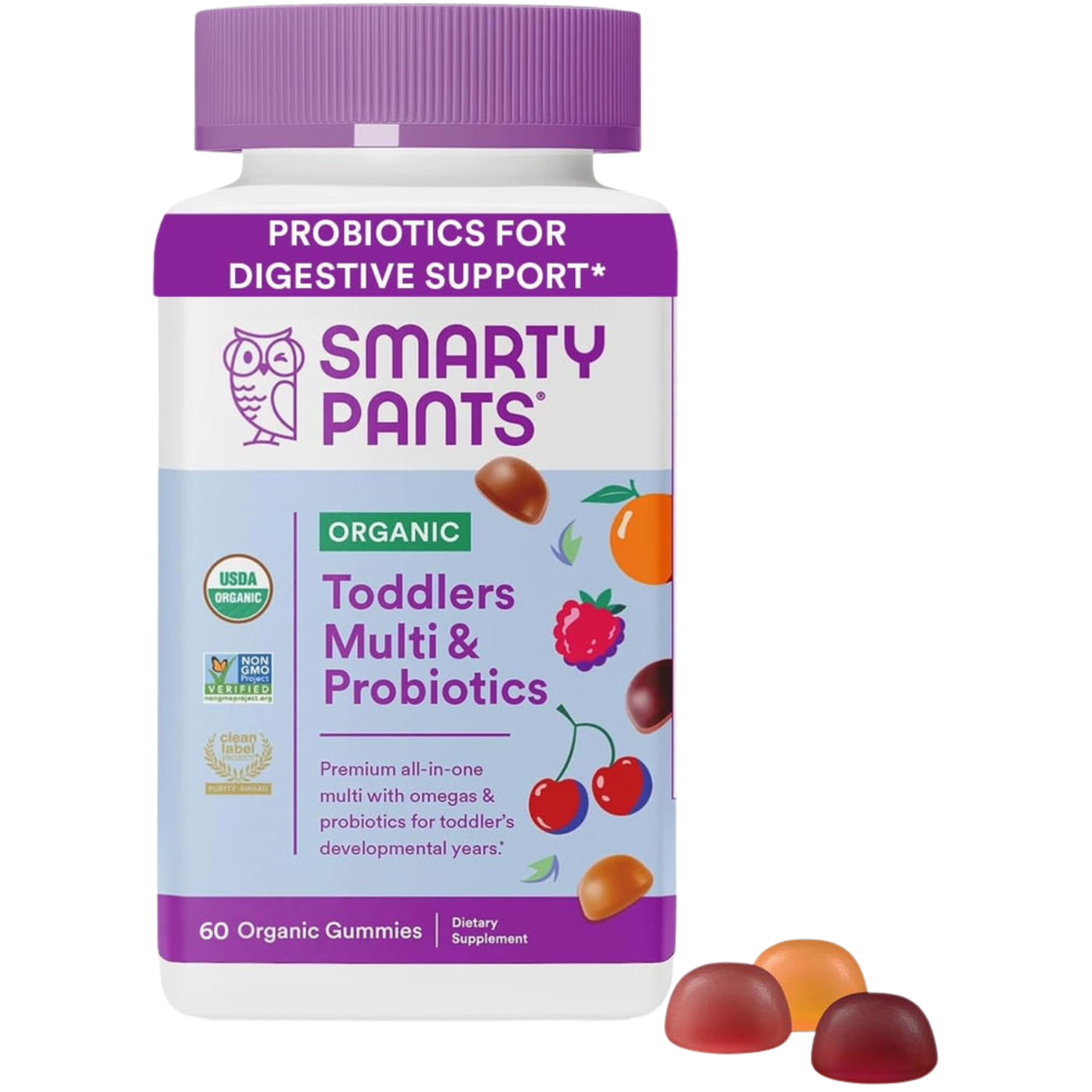 Smarty Pants Probiotics for Digestive Support bottle with gummy vitamins on a white background