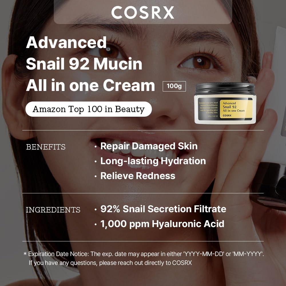 Title: COSRX Snail Mucin 92% Face Moisturizer | Lightweight Hydrating Cream for Glowy Skin | Korean Skin Care for Soothing & Repairing – 3.52 oz
