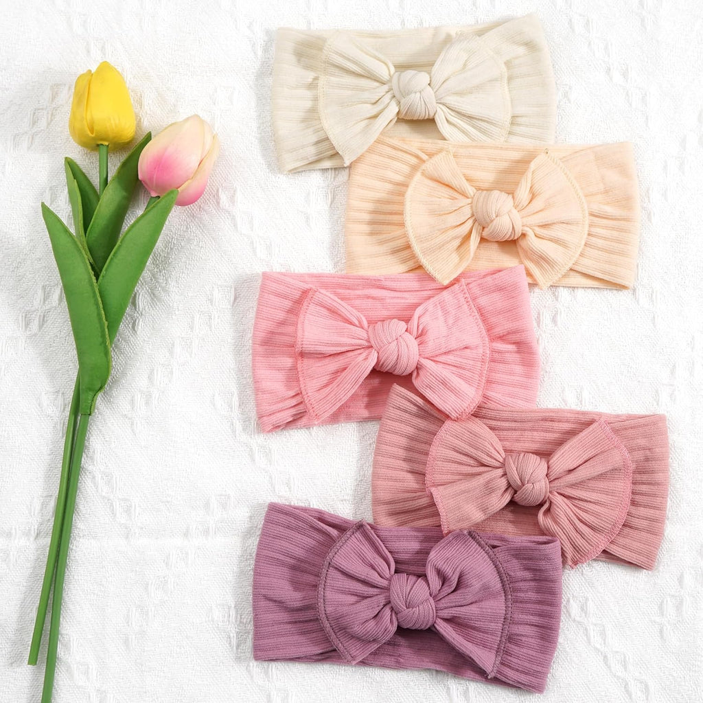 CÉLLOT 10 Colors Super Stretchy Nylon Knot Baby Girl Headbands with Hair Bows – Soft, Elastic Head Wraps for Newborns, Infants, Toddlers & Kids