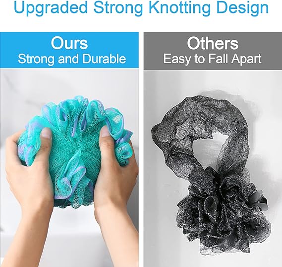 AmazerBath Large Loofah Sponge Set – 75g Exfoliating Bath Sponges with Rich Lather, Durable Knot Design, Soft Body Scrubbers for Smooth Skin – Pack of 4 (Green-Purple)