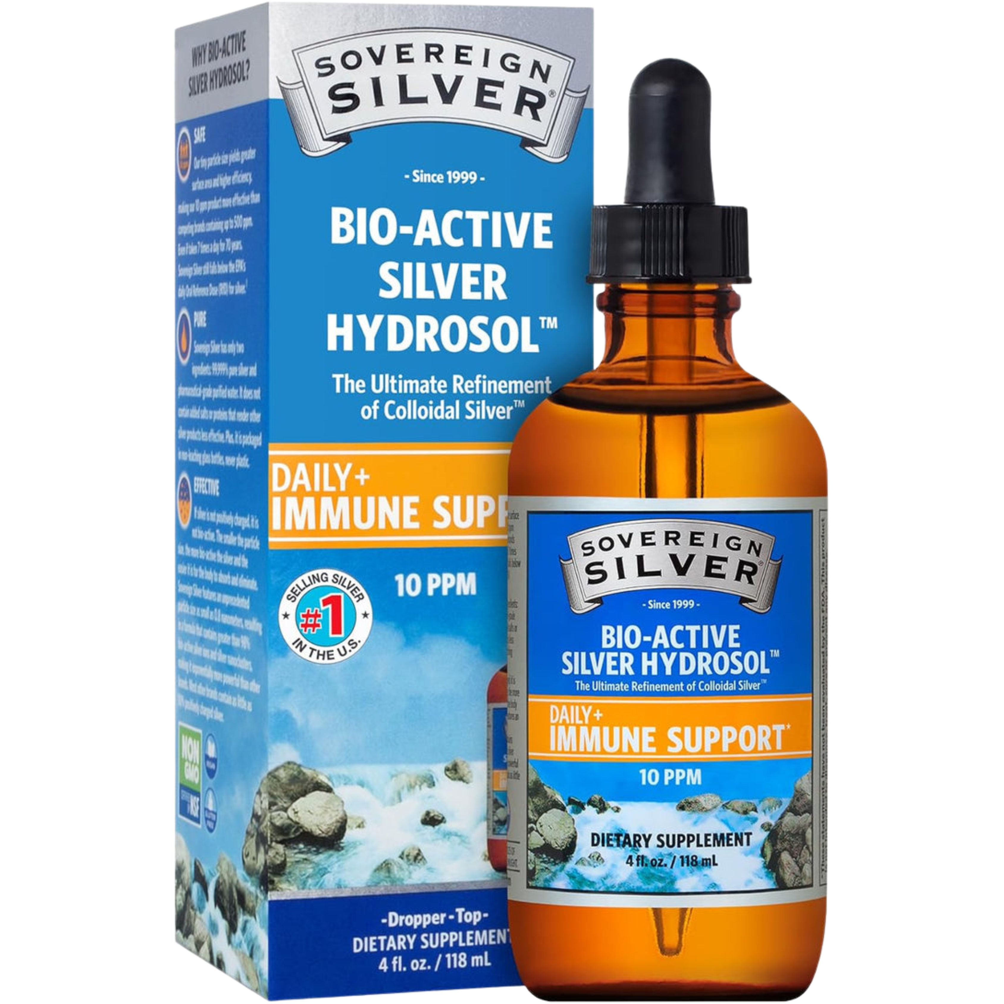 Sovereign Silver Bio-Active Silver Hydrosol – 10PPM, 4oz Dropper Premium Colloidal Silver Supplement for Immune Support