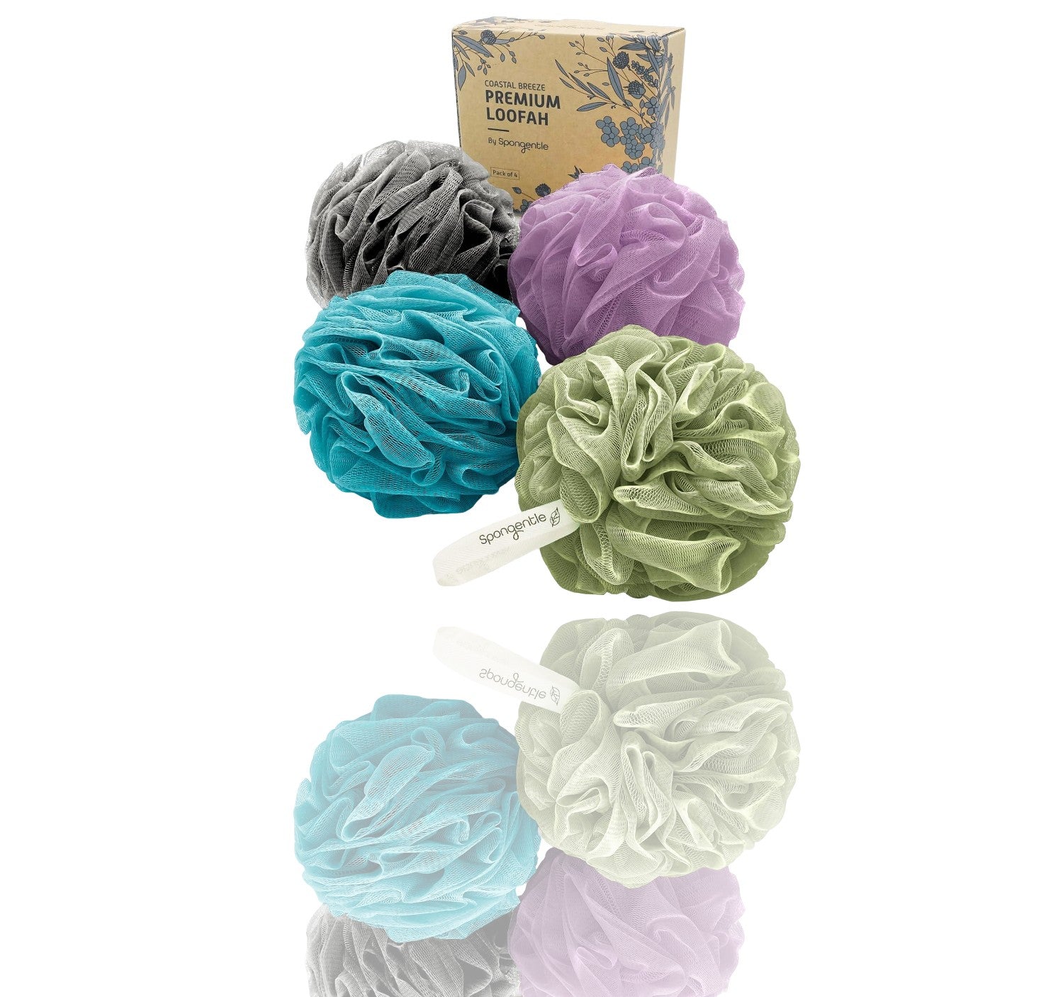 Spongentle Premium Deep Cleansing Loofah Sponge - Exfoliating Bath & Shower Body Scrubber, Pack of 4, Soft & Durable with Hanging Rope | Gentle Exfoliation for Radiant Skin, Beautiful Colors for Women & Men - Ballimart