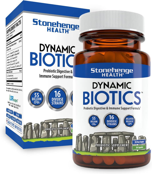 Stonehenge Health Probiotics 55 Billion CFU - 16 Strains, Prebiotic, Synbiotics Dynamic Biotics - Lactobacillus Acidophilus, Delayed Release, Shelf Stable, Non-GMO Gluten Free Veggie Capsule