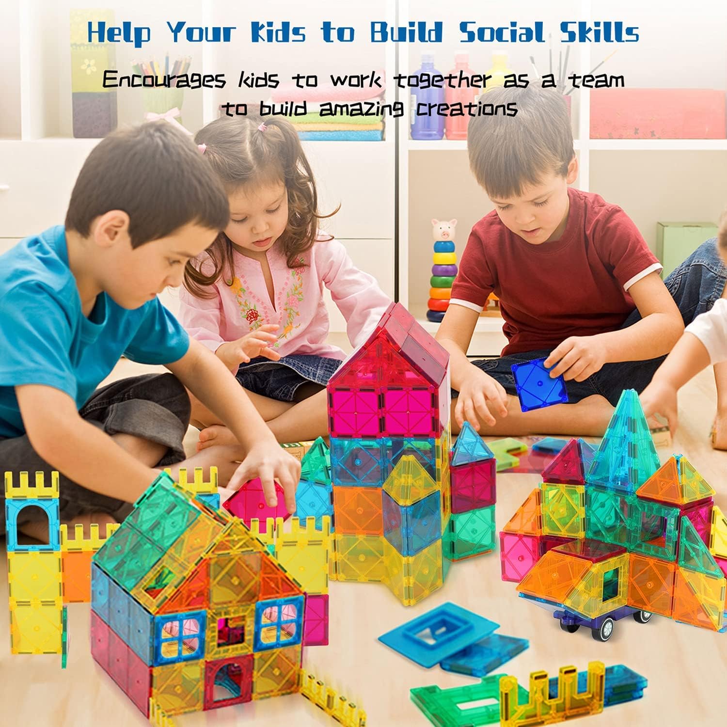 AFUNX Magnetic Building Blocks Set – 102PCS 3D Magnetic Tiles for Kids with 2 Car Bases, Educational STEM Toy for Creativity & Imagination - Ballimart