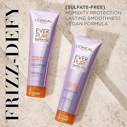 L’Oreal Paris EverPure Frizz Defy Shampoo and Conditioner Set – Sulfate-Free Hair Care with Marula Oil, Anti-Fade Color Protection & 24-Hour Frizz Resistance, 8.5 Fl Oz Each, Vegan Formula