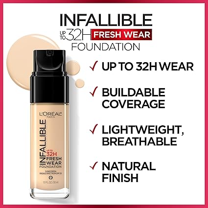 L'Oreal Paris Infallible 32-Hour Fresh Wear Lightweight Foundation, 420 True Beige, 1 Fl Oz