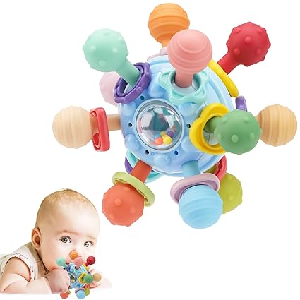 Colorful baby toy with multiple textures and a baby playing with it on a white background