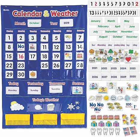 Learning Resources Calendar & Weather Pocket Chart | Classroom Chart with 136 Double-Sided Cards | Teacher Supplies for Preschool, Kindergarten & Beyond