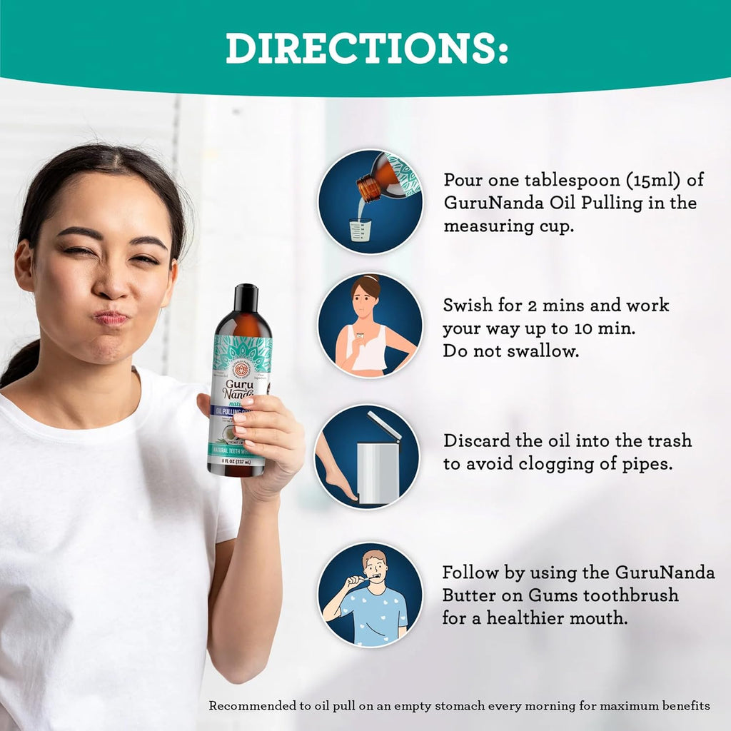 GuruNanda Coconut Oil Pulling Mouthwash with 7 Essential Oils & Vitamins – Alcohol-Free, Fresh Breath & Teeth Whitening, 8 oz