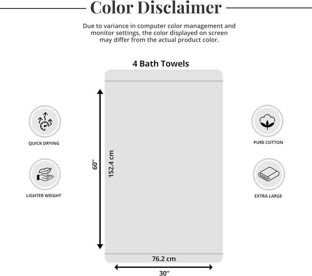 Tens Towels Pack of 4 Extra Large Bath Towels, 100% Cotton – 30 x 60 Inches, Quick-Drying, Lightweight & Super Soft - Ballimart
