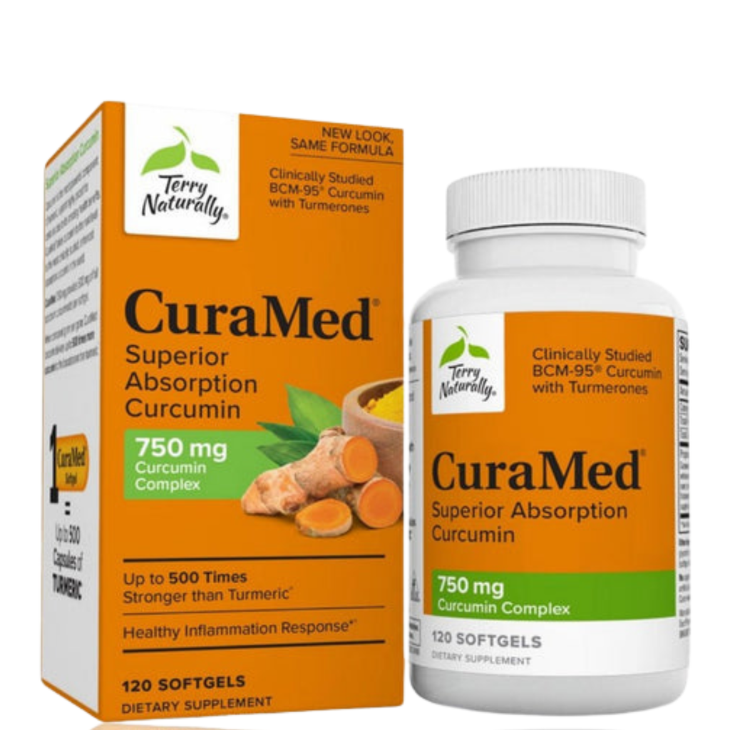 Terry Naturally CuraMed Superior Absorption Curcumin supplement packaging on a white background