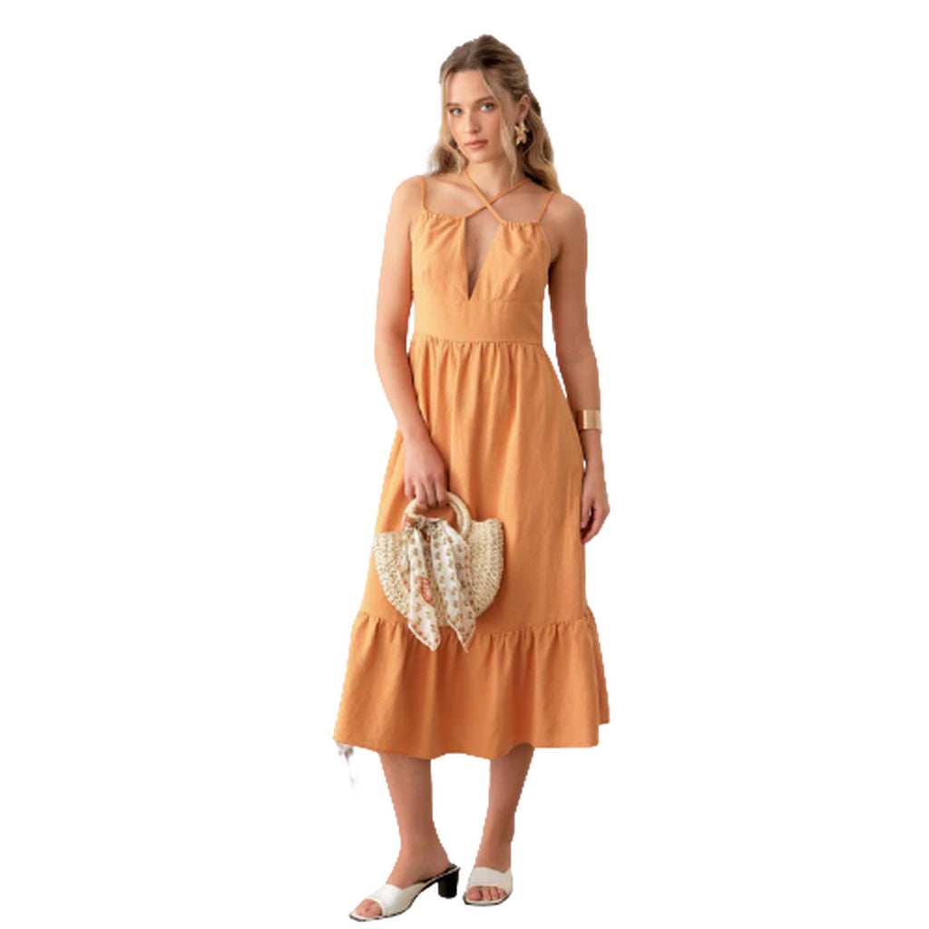 Linen Double Spaghetti Tiered Midi Dress - Ballimart