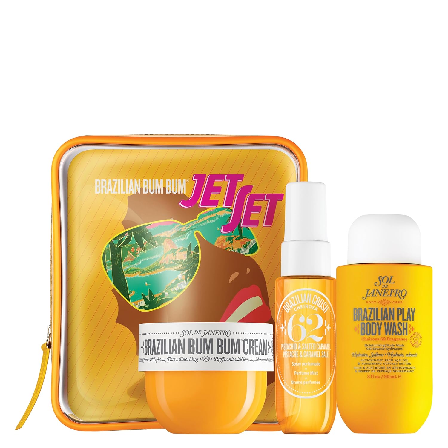 SOL DE JANEIRO Jet Set – Travel-Friendly Body Care Kit | Brazilian Bum Bum Cream, Shower Cream-Gel & Perfume Mist | Tightening & Hydrating Routine with Cheirosa 62 Scent