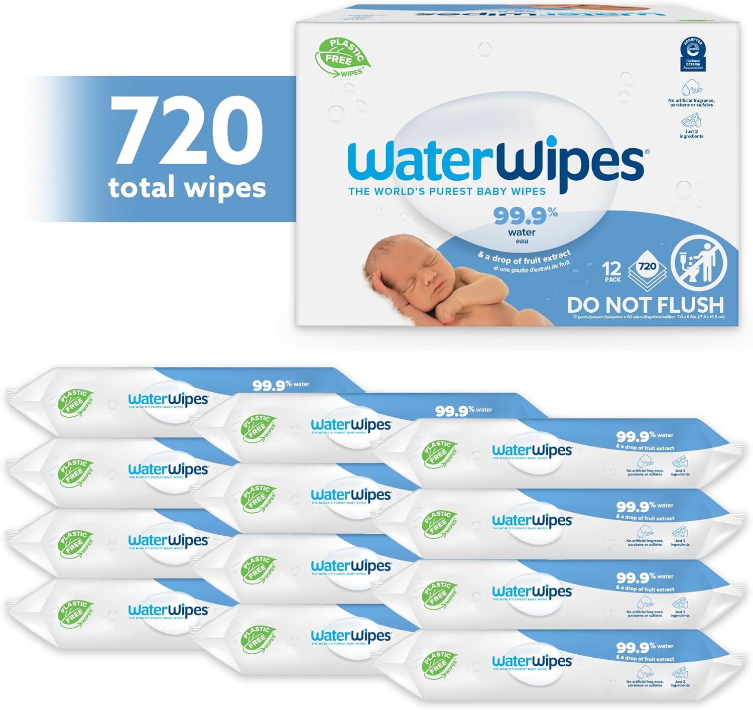 WaterWipes Plastic-Free Original Baby Wipes - Unscented, 99.9% Water-Based, Hypoallergenic, 60 Count (Pack of 12) | Ideal for Sensitive Newborn & Premature Skin