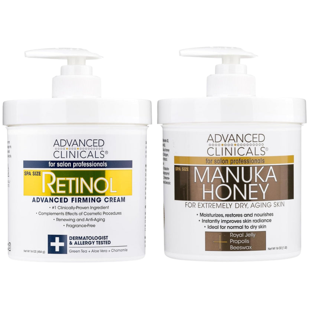 Advanced Clinicals Retinol Body Lotion & Manuka Honey Cream Set | Anti-Aging Treatment for Crepey & Sagging Skin | Hydrating Moisturizer for Face & Body, 2pc