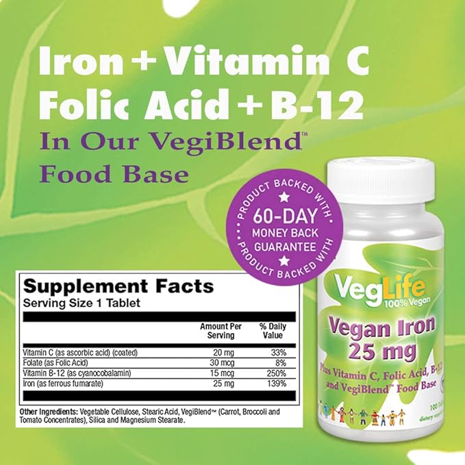 Title VegLife Vegan Iron Supplement | 25mg Iron Plus Vitamin C, Folic Acid & B-12 | Plant-Based Tablets for Women & Men | 2 Pack, 100 Tablets