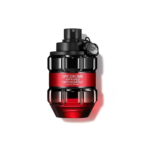 Red and black perfume bottle with 'Viktor & Rolf Spicebomb' label on a white background