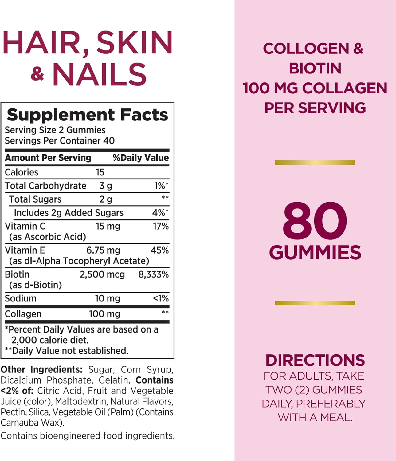 Nature's Bounty Optimal Solutions Hair, Skin & Nails Gummies with Biotin & Collagen – Tropical Citrus Flavor, 2500 mcg, 80 Ct