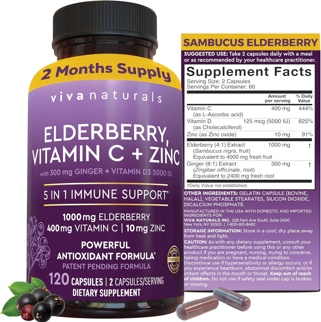 Viva Naturals Elderberry, Vitamin C + Zinc supplement bottle with label details.