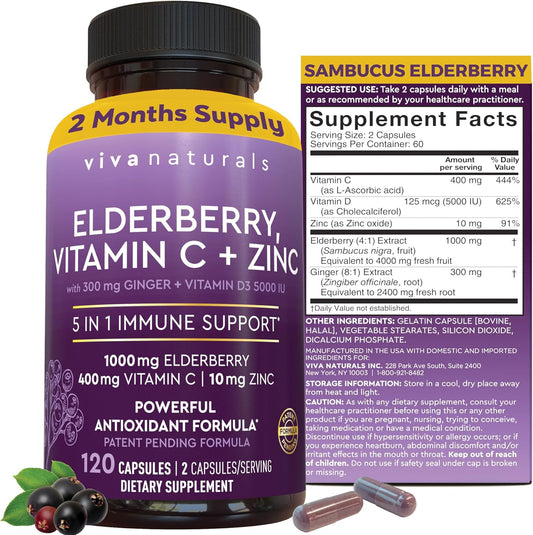 Viva Naturals Elderberry Capsules – 5-in-1 Immune Support with Vitamin C, Zinc &amp; D3 – 1000mg Sambucus Black Elderberry – 120 Capsules