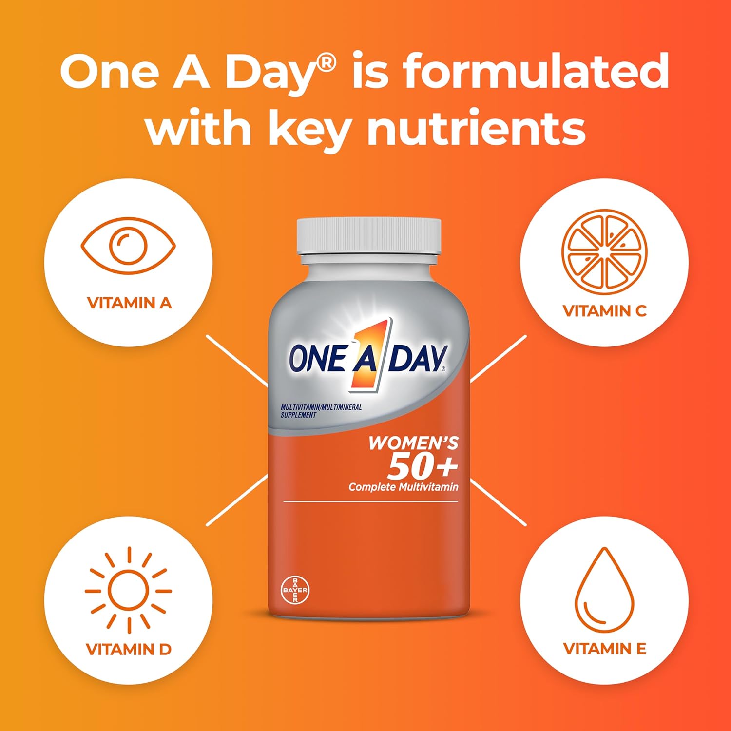 One A Day Women’s 50+ Multivitamins – Daily Immune, Bone, Heart & Energy Support | 200 Tablets