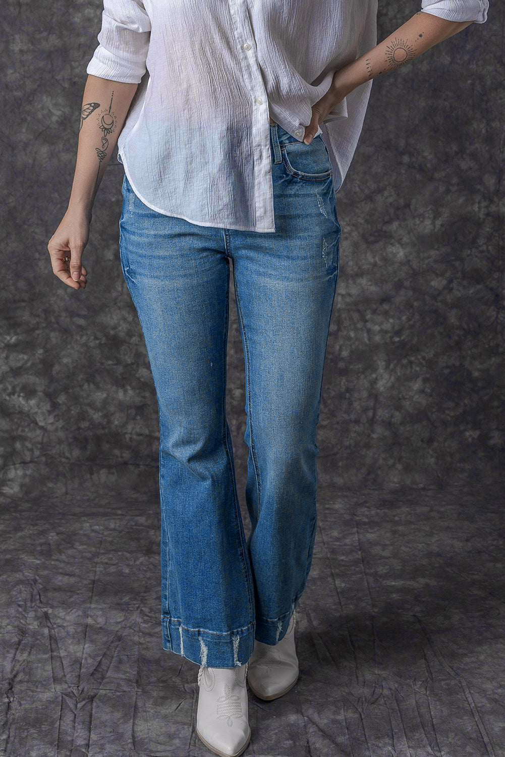 Sky Blue Slight Distressed Medium Wash Flare Jeans - Ballimart