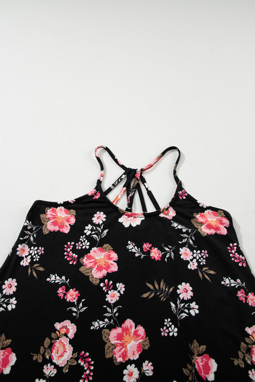 Black Floral Spaghetti Straps Strappy Back Tank Top - Ballimart