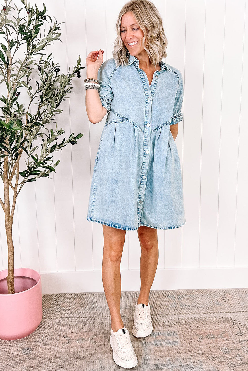 Beau Blue Mineral Wash Ruffled Short Sleeve Buttoned Denim Dress - Ballimart