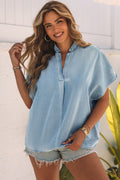 Sky Blue Split V Neck Oversized Denim Blouse - Ballimart