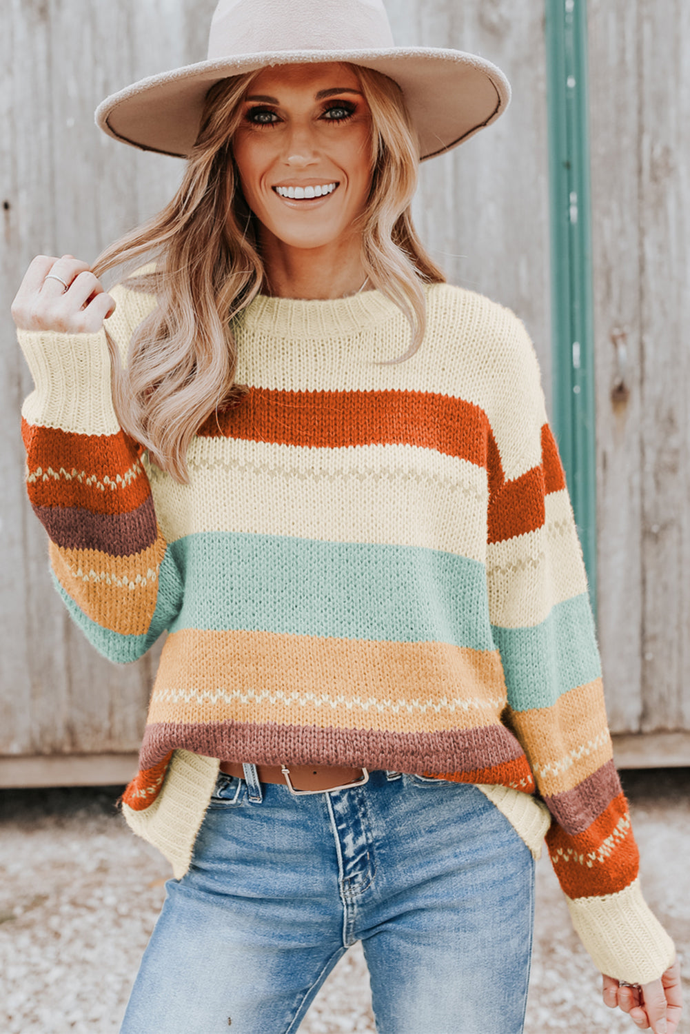 Crew Neck Drop-shoulder Striped Color Block Sweater - Ballimart