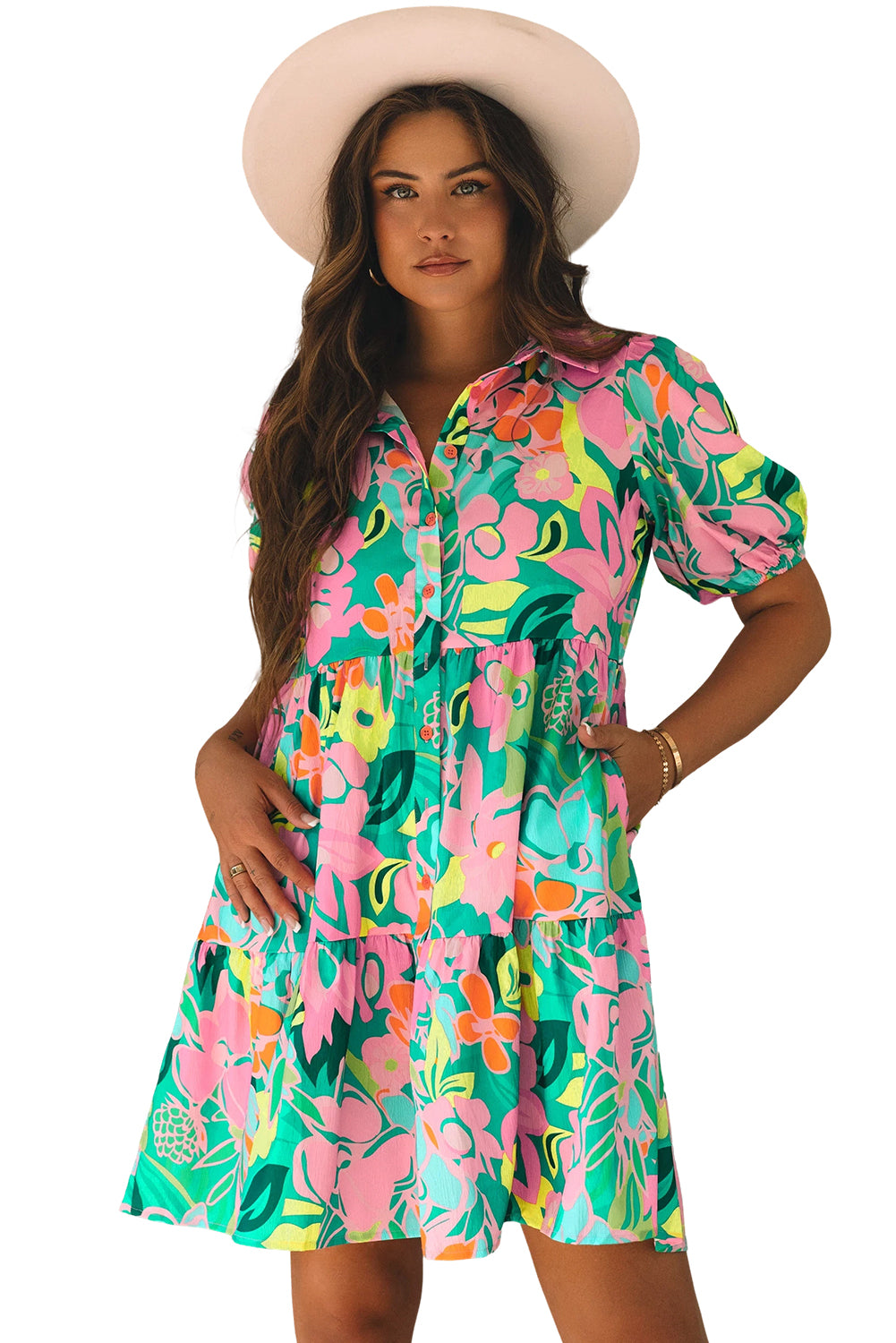 Green Floral Puff Sleeve Collar Buttoned Babydoll Dress - Ballimart