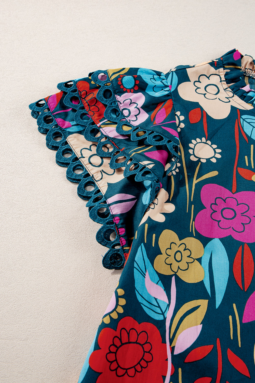 Green Trimmed Ruffle Sleeve Summer Floral Blouse - Ballimart