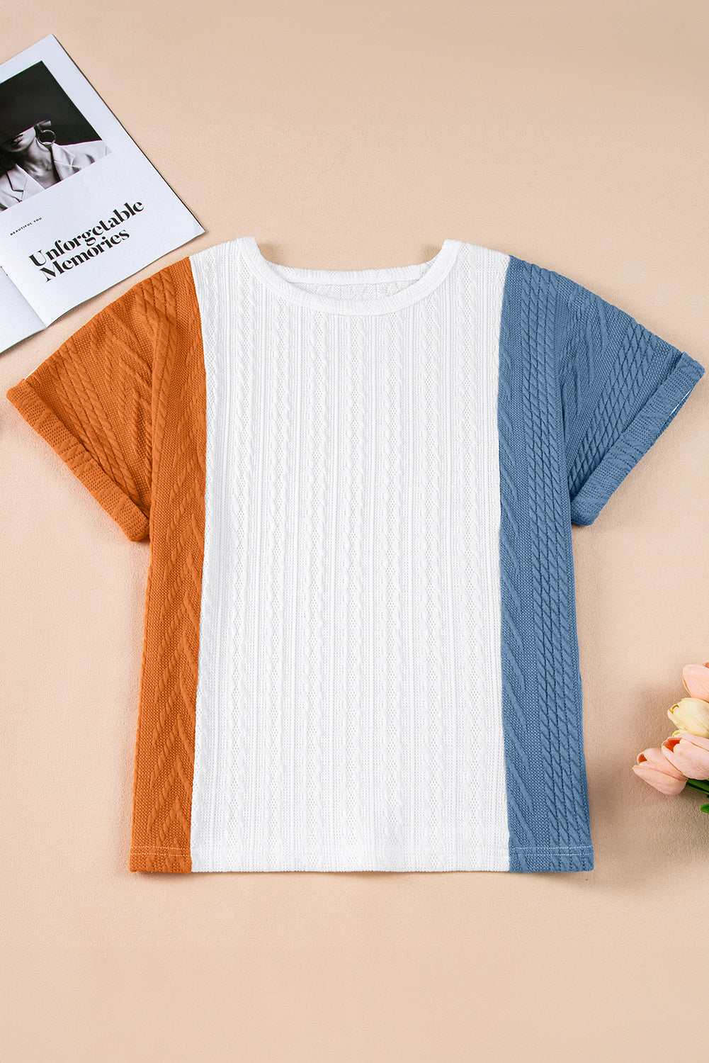 Light Blue Textured Color Block Loose Fit T Shirt - Ballimart