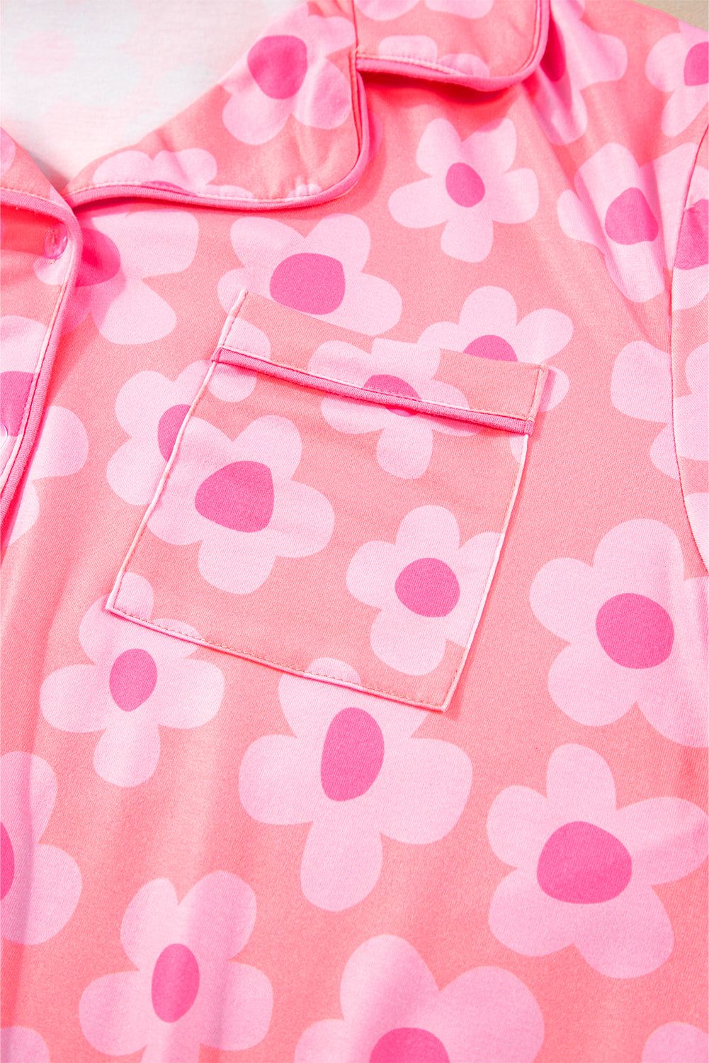 Pink Flower Print Short Sleeve Shirt Pajamas Set - Ballimart