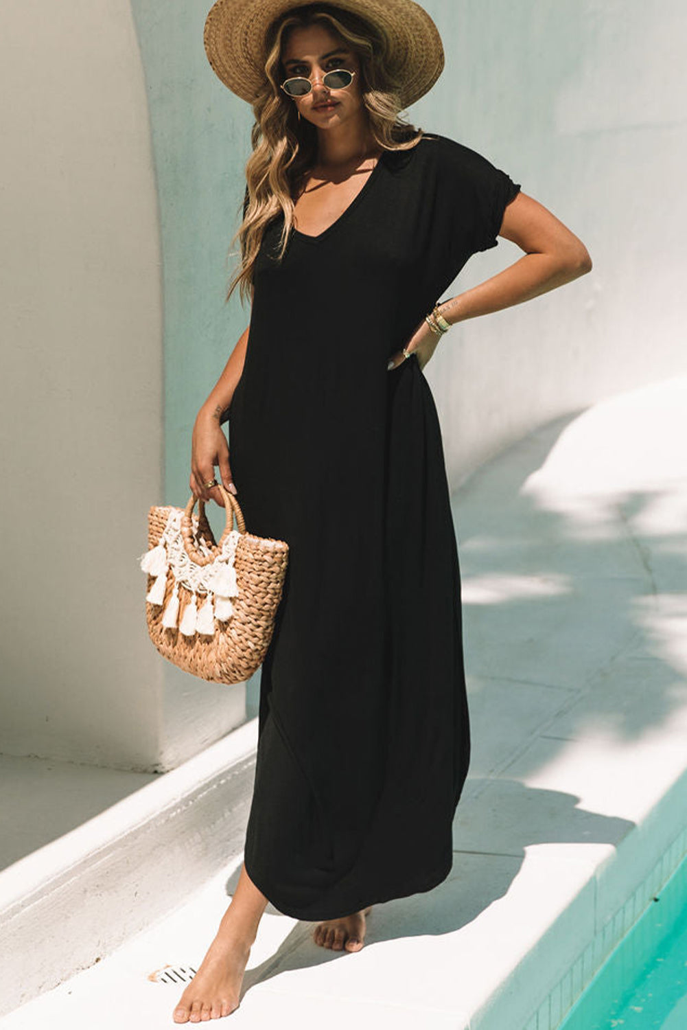 Black V Neck Hidden Pocket Splits Maxi T-shirt Dress - Ballimart