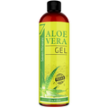 Bottle of aloe vera gel with a yellow label on a white background