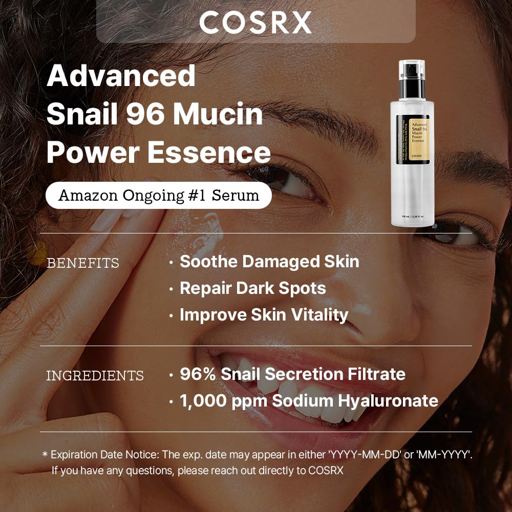 COSRX Snail Mucin 96% Power Repairing Essence – Hydrating Face Serum with Snail Secretion Filtrate, Korean Skincare for Dull Skin & Fine Lines, 3.38 fl.oz (100ml)