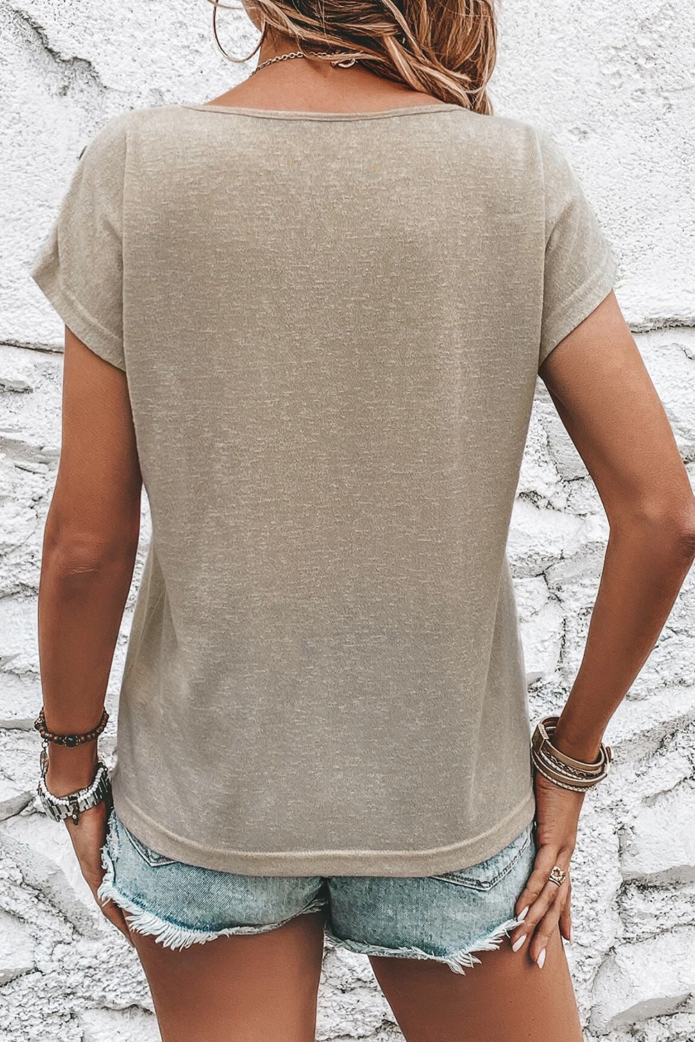Smoke Gray Button Detail Batwing Sleeve Casual Tee - Ballimart