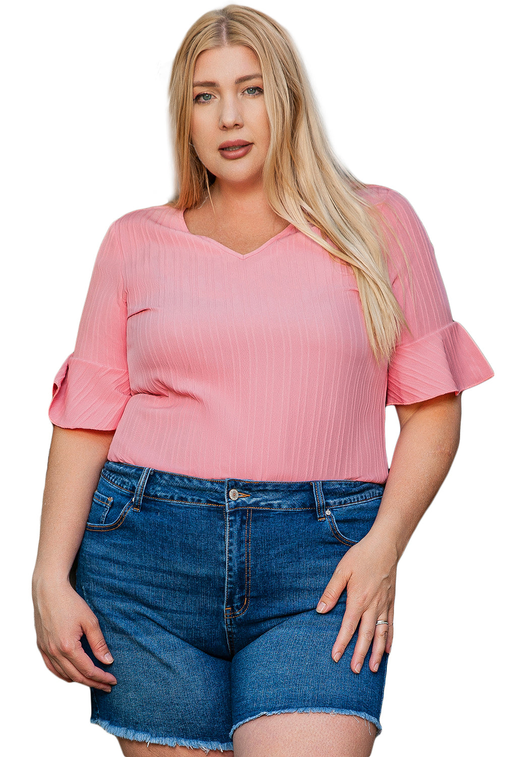 Peach Blossom Ruffled Half Sleeve V Neck Textured Plus Top - Ballimart