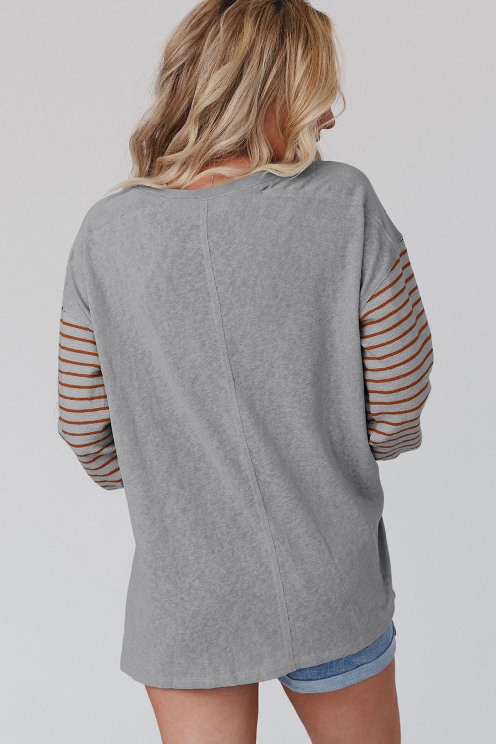 Gray Colorblock Striped Bishop Sleeve Top - Ballimart