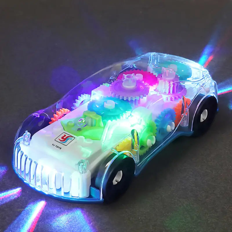 Coche de juguete con engranaje transparente, luz de color, música eléctrica, concepto Universal