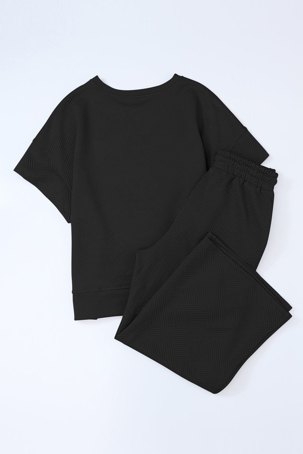 Black Textured Loose Fit T Shirt and Drawstring Pants Set - Ballimart